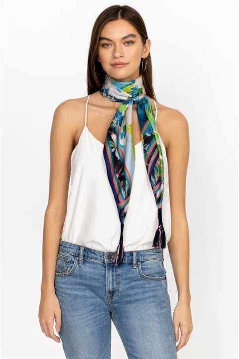 Johnny Was Jenn Scarf Flowers Silk Square Large Floral Beige Blue Tassels NEW