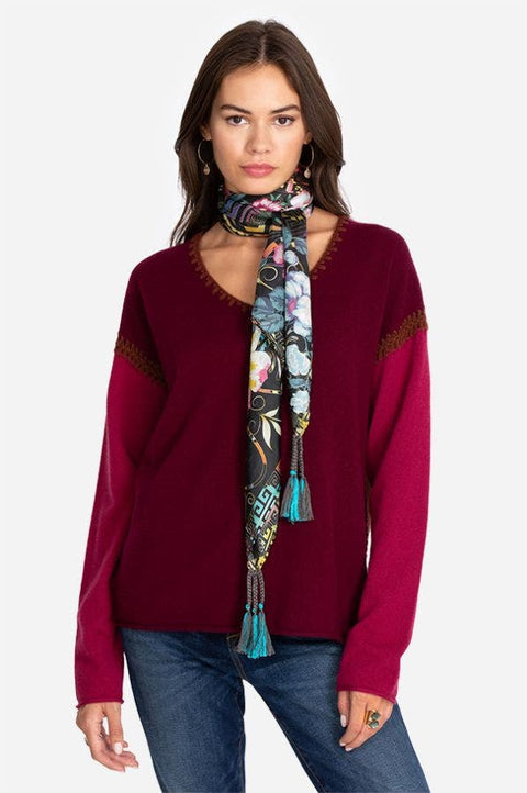 Johnny Was Peace Silk Scarf Square Large Flower Scarves Floral Tassels Black NEW
