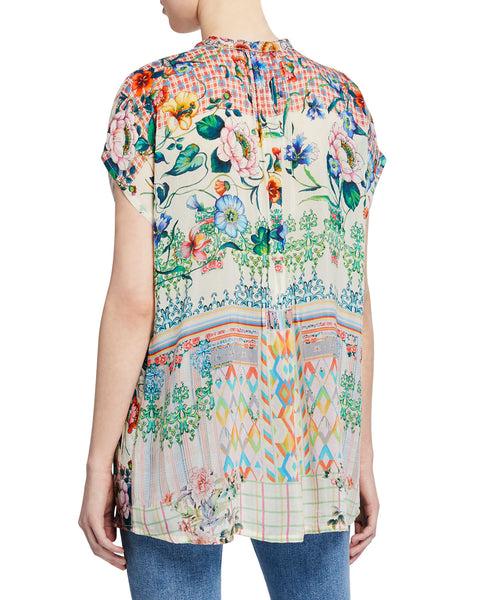 JOHNNY WAS Cali Mixed-Print Button-Front Cap-Sleeve Georgette Blouse Short Sleeve blouse Flower Medium New