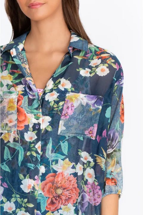 Johnny Was Sunrise Blue Flower Swim Resort Cover Up Floral Paria Shirt Dress Top NEW