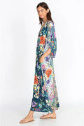 Johnny Was Sunrise Surf Swim Resort Cover Up Long Dress V Neck Flower Blue NEW