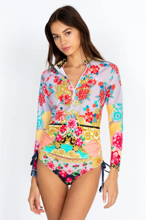 Johnny Was Swim Long Sleeve Japer Surf Shirt Rash Guard Top Red Floral Blue NEW