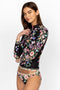 Johnny Was Butterfly Surf Shirt Swimwear Zipper Long Floral Black Rash Guard NEW