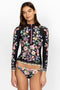 Johnny Was Butterfly Surf Shirt Swimwear Zipper Long Floral Black Rash Guard NEW