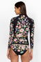 Johnny Was Butterfly Surf Shirt Swimwear Zipper Long Floral Black Rash Guard NEW