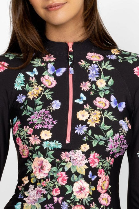 Johnny Was Butterfly Surf Shirt Swimwear Zipper Long Floral Black Rash Guard NEW