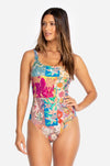 Johnny Was Barcelona One Piece Swimsuit Rash Guard Floral Red Blue Swimwear NEW