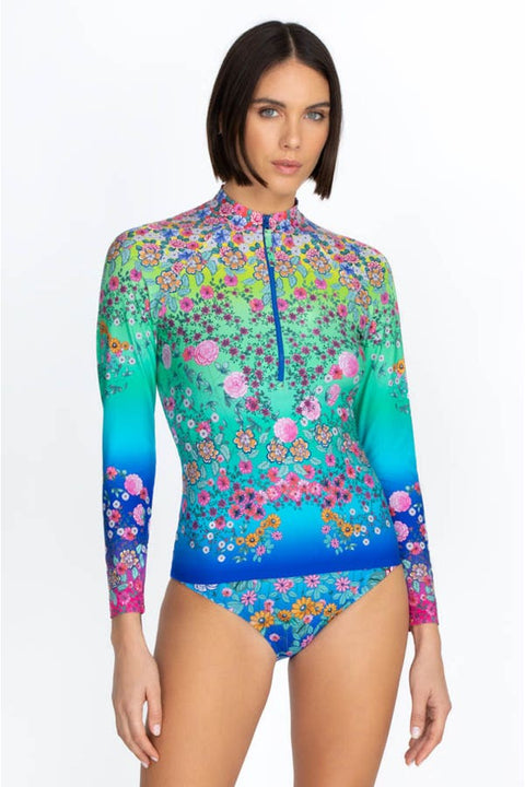 Johnny Was Swimwear Surf Shirt Comfort Rash Guard Floral Blue Multi Top NEW