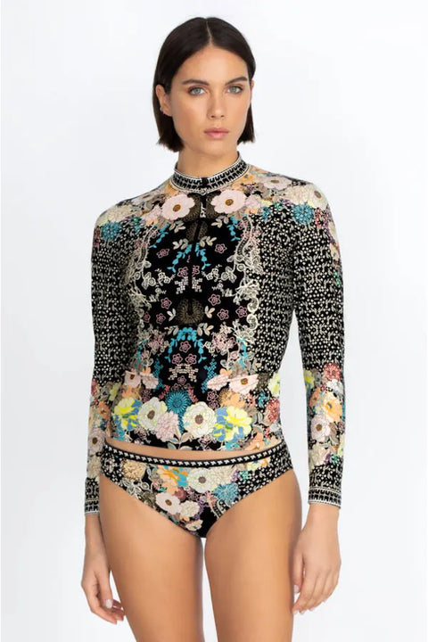 Johnny Was Swim Wear Surf Shirt Zip Long Comfort Rash Guard Floral Black Top NEW
