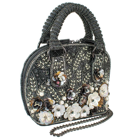 Mary Frances Date Night Beaded White Floral Top Handle Handbag Gray Bag New