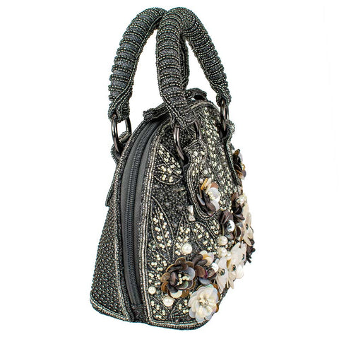 Mary Frances Date Night Beaded White Floral Top Handle Handbag Gray Bag New