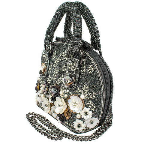 Mary Frances Date Night Beaded White Floral Top Handle Handbag Gray Bag New