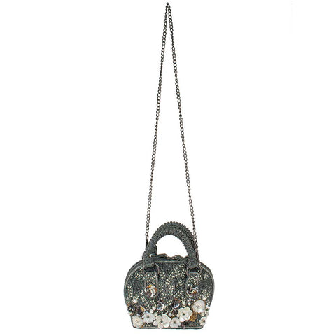 Mary Frances Date Night Beaded White Floral Top Handle Handbag Gray Bag New