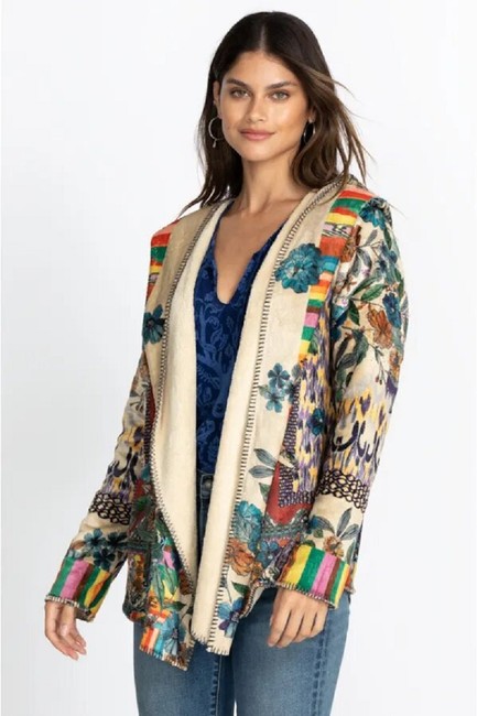 Johnny Was Floral Betzy Sherpa Jacket Beige Blue Long Sleeve Floral  XXL Top Coat New