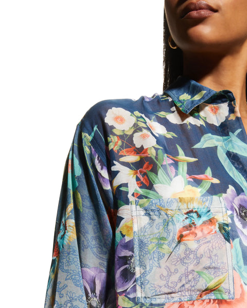 Johnny Was Sunrise Blue Flower Swim Resort Cover Up Floral Paria Shirt Dress Top NEW
