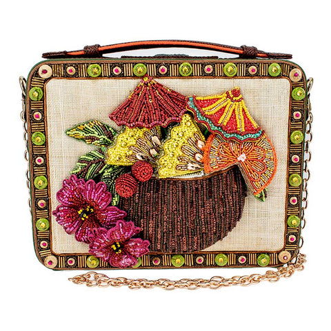 Mary Frances Drinks On The Beach Coconut Island Handbag Beaded Brown Bag Gold New