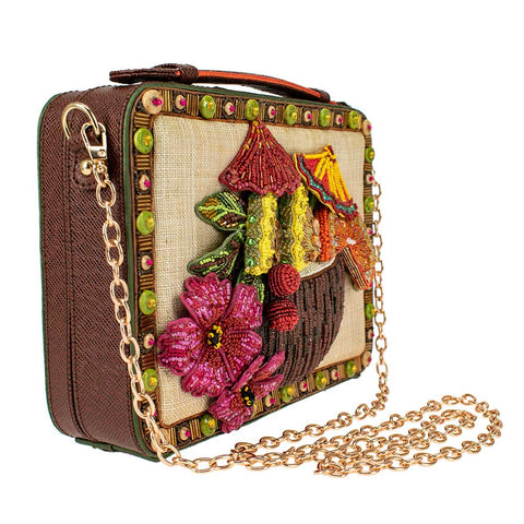Mary Frances Drinks On The Beach Coconut Island Handbag Beaded Brown Bag Gold New