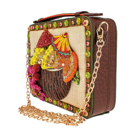 Mary Frances Drinks On The Beach Coconut Island Handbag Beaded Brown Bag Gold New
