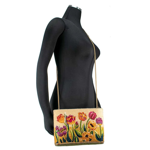 Mary Frances Tulip Garden Flower Gold Spring Bead Cream Crossbody Handbag Bag New
