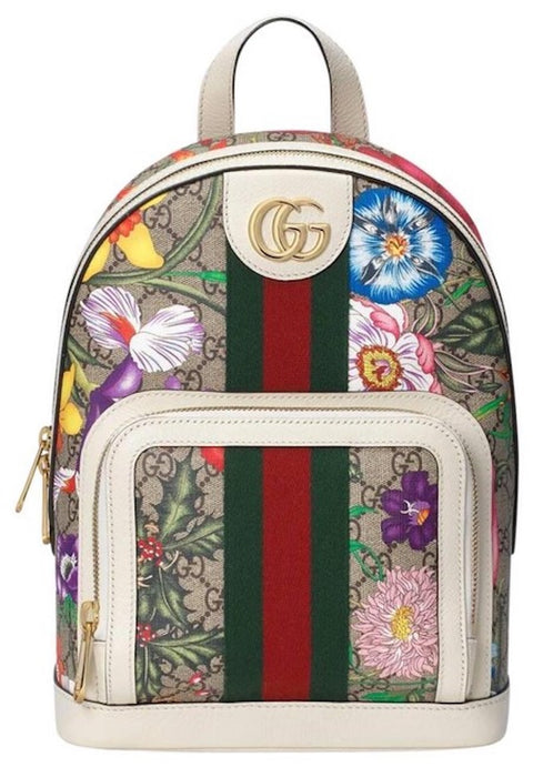 Gucci Ophidia Flora Beige White Leather Canvas Backpack Handbag Bag Italy NEW