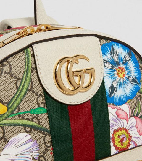 Gucci Ophidia Flora Beige White Leather Canvas Backpack Handbag Bag Italy NEW