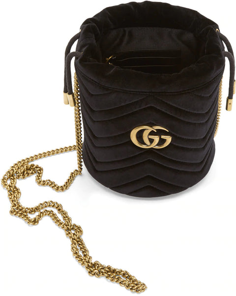 Gucci GG Marmont Mini Bucket Velvet Bag Black Gold Drawstring Italy Handbag New