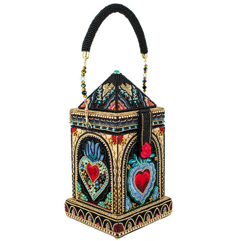 Mary Frances House of Hearts Beaded Red Heart Handbag Black Gold Bag Purse NEW