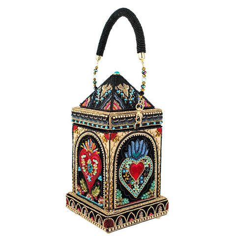 Mary Frances House of Hearts Beaded Red Heart Handbag Black Gold Bag Purse NEW