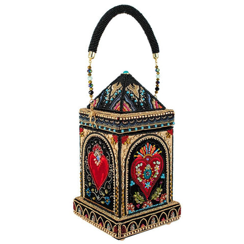 Mary Frances House of Hearts Beaded Red Heart Handbag Black Gold Bag Purse NEW