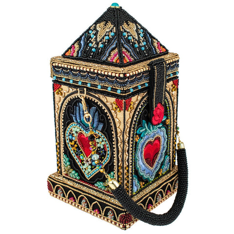 Mary Frances House of Hearts Beaded Red Heart Handbag Black Gold Bag Purse NEW