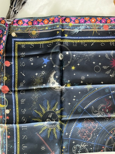 Johnny Was Celestine Silk Scarf Floral Black Tassels Sun Stars Square Large NEW