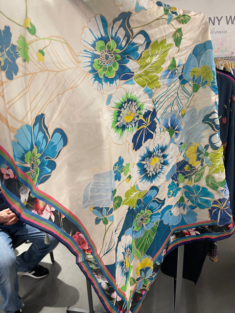 Johnny Was Jenn Scarf Flowers Silk Square Large Floral Beige Blue Tassels NEW