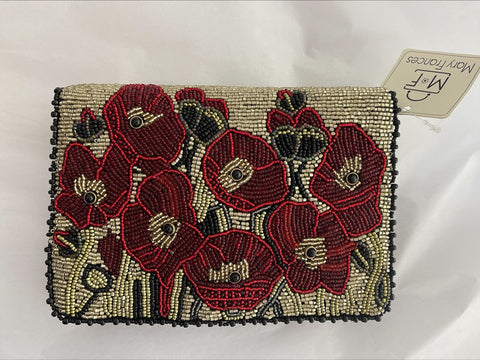 Mary Frances Poppies Red Special Flower Magnet Handbag Beaded Bag Purse Beige NEW
