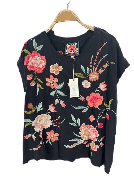 Johnny Was Joya Relaxed Drape Tee Flowers Black Shirt Floral Embroidery Top New