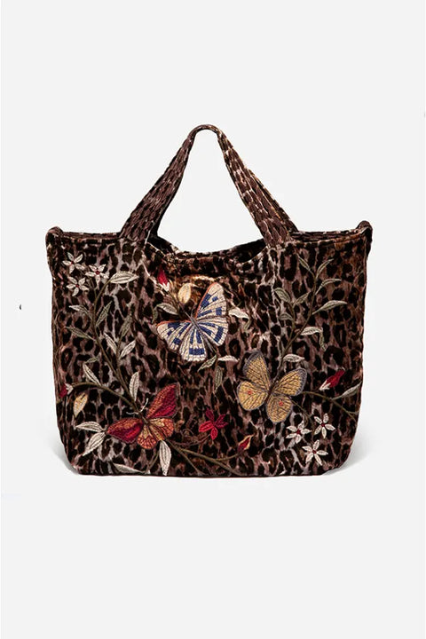 Johnny Was Penelope Velvet Tote Bag Butterfly Embroidery Leopard Brown Handbag NEW