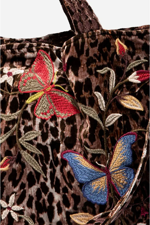 Johnny Was Penelope Velvet Tote Bag Butterfly Embroidery Leopard Brown Handbag NEW