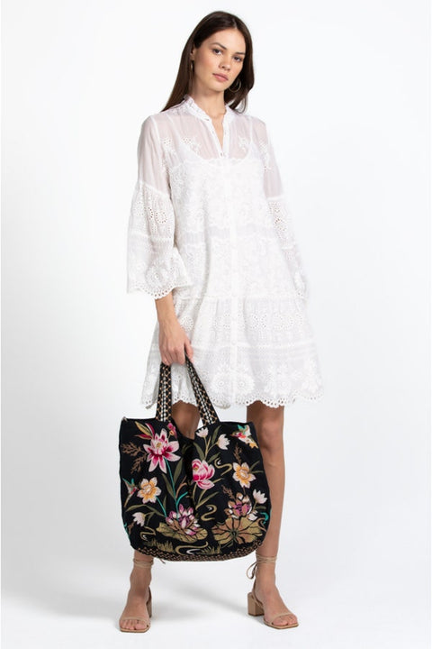Johnny Was Maisie Linen Tote Bag Animal Floral Embroidery Black Handbag Purse NEW