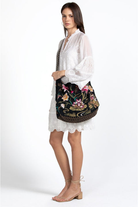 Johnny Was Maisie Linen Tote Bag Animal Floral Embroidery Black Handbag Purse NEW