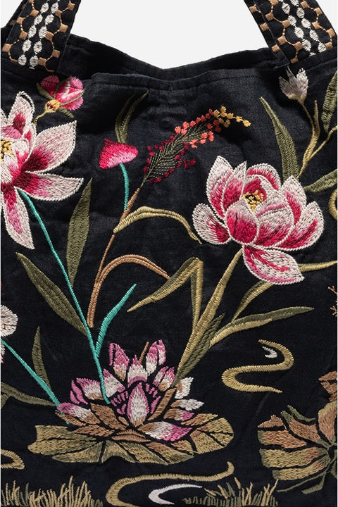 Johnny Was Maisie Linen Tote Bag Animal Floral Embroidery Black Handbag Purse NEW