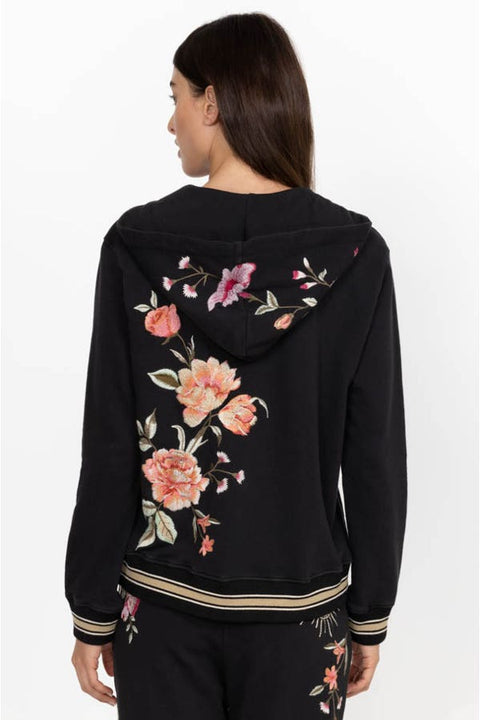 Johnny Was VIENNA Pullover Sweatshirt Cotton Embroidery Hoodie Black Floral New