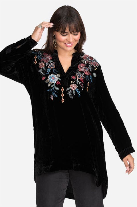 Johnny Was DENALI VELVET RELAXED TRAPUNTO TUNIC Black Embroidered Shirt Top New