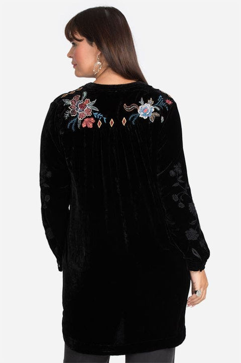 Johnny Was DENALI VELVET RELAXED TRAPUNTO TUNIC Black Embroidered Shirt Top New