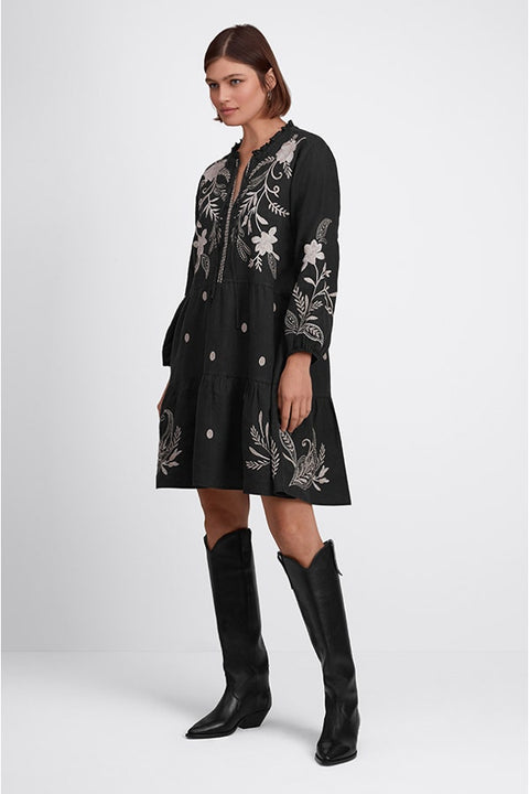Johnny Was FRANKIE TIERED Field Dress Cotton Floral Embroidery Linen Black New