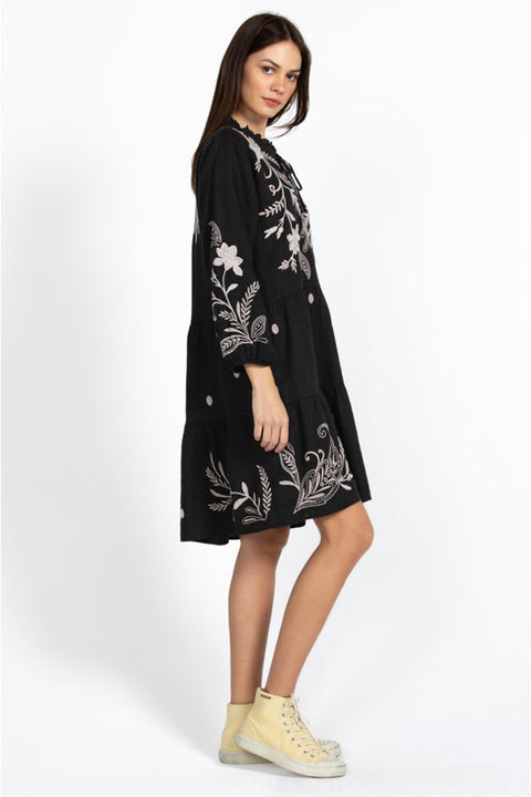 Johnny Was FRANKIE TIERED Field Dress Cotton Floral Embroidery Linen Black New