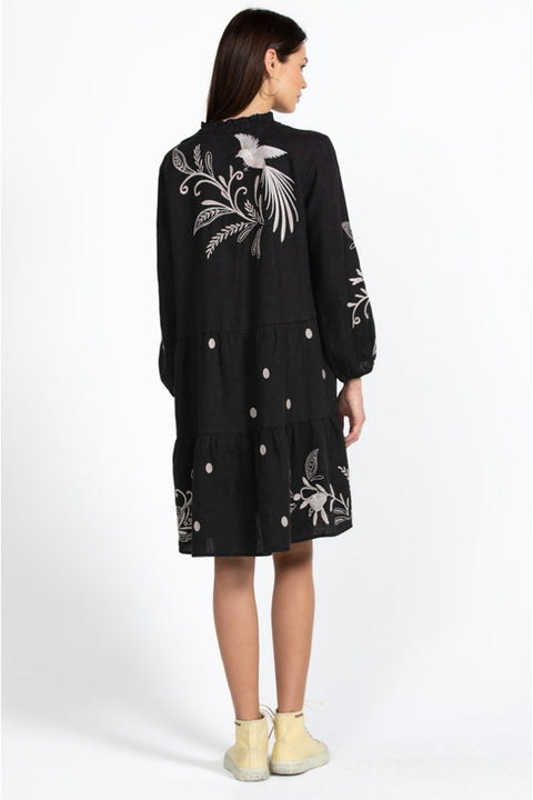 Johnny Was FRANKIE TIERED Field Dress Cotton Floral Embroidery Linen Black New