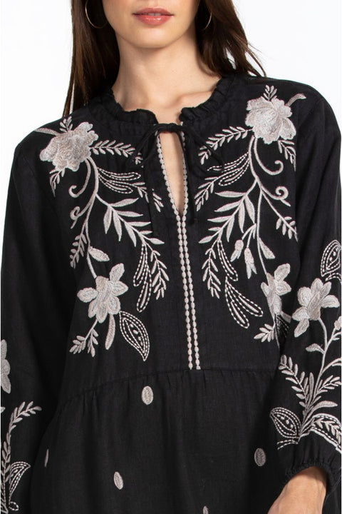 Johnny Was FRANKIE TIERED Field Dress Cotton Floral Embroidery Linen Black New