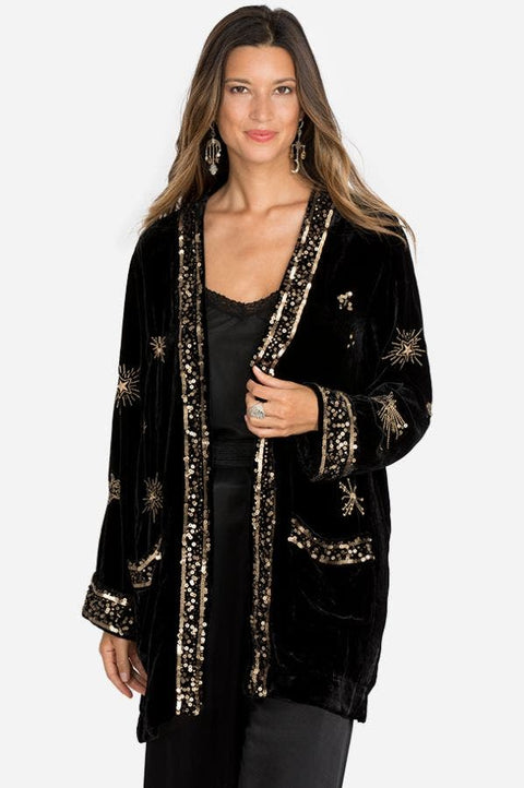 Johnny Was Aruna Velvet Smoking Jacket Embroidered Gold Sun Kimono Black NEW