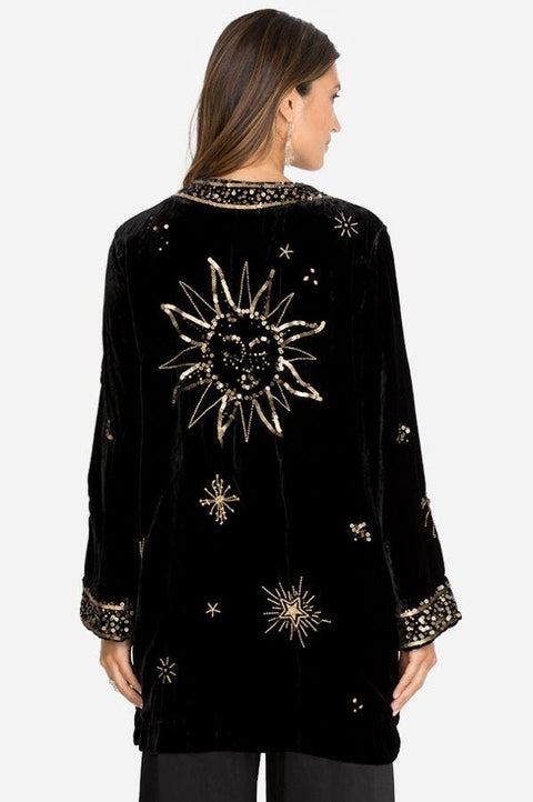 Johnny Was Aruna Velvet Smoking Jacket Embroidered Gold Sun Kimono Black NEW