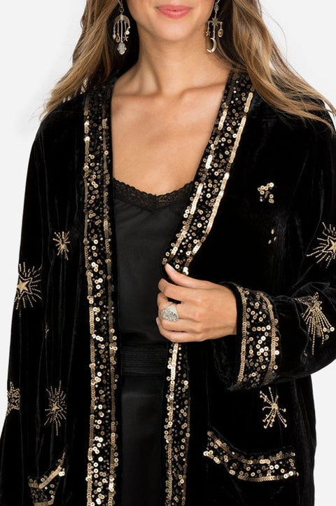Johnny Was Aruna Velvet Smoking Jacket Embroidered Gold Sun Kimono Black NEW