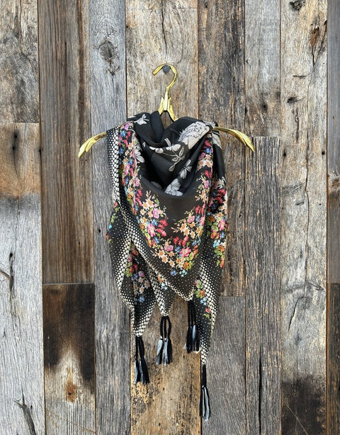 Johnny Was Redland Silk Scarf Square Large Floral Scarves Black White Tassel New